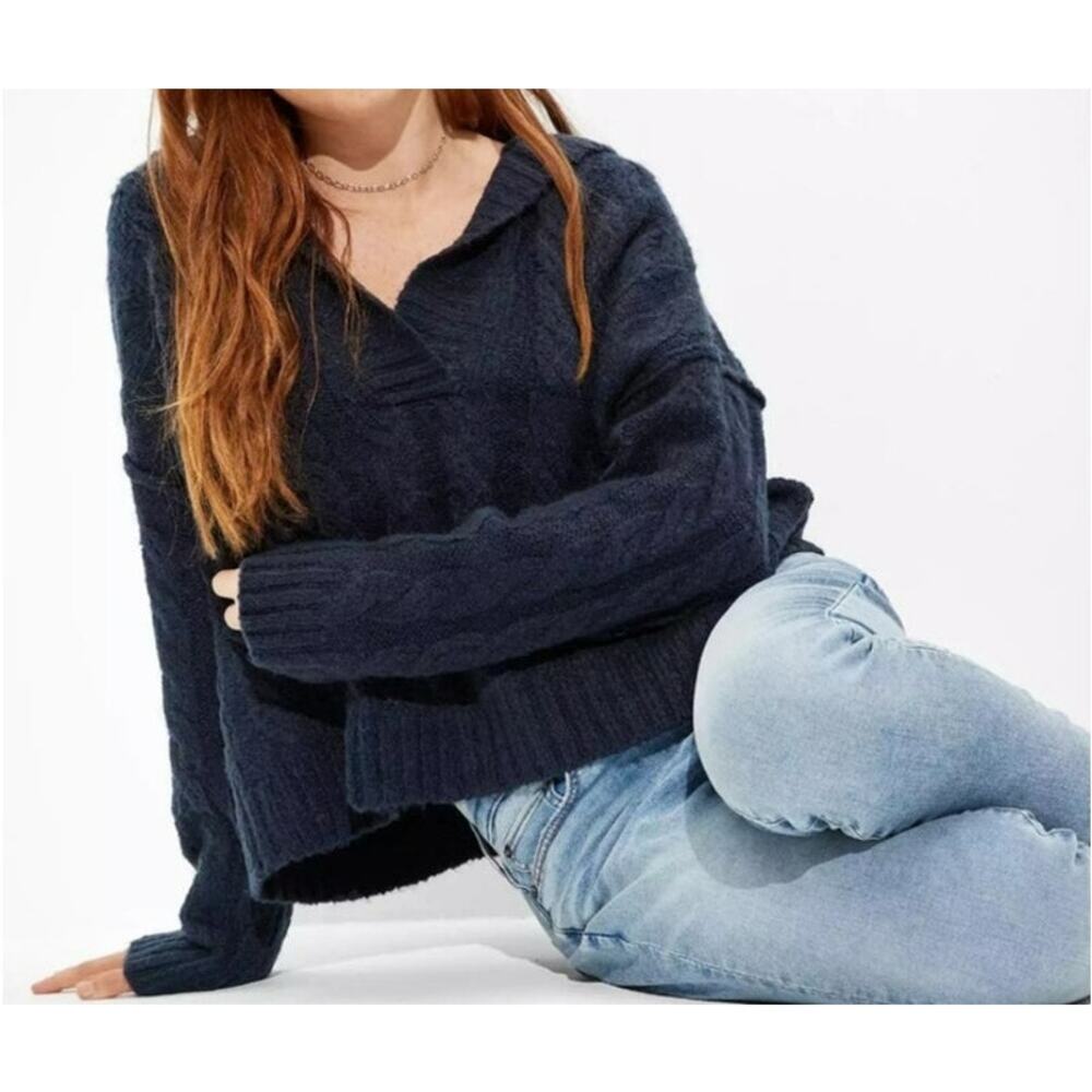 American Eagle V-Neck Navy Blue Cable Knit Hooded Sweater, Women's Size S